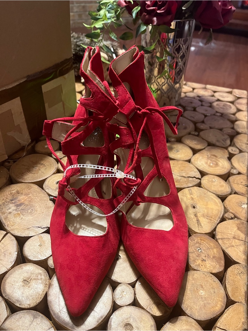 Vince Camuto Red Suede Lace-Up Pointed Toe Heels